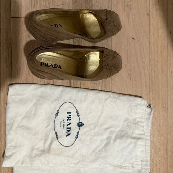 Prada Women's Taupe Suede Knotted Peep-Toe Heels - Picture 2 of 7